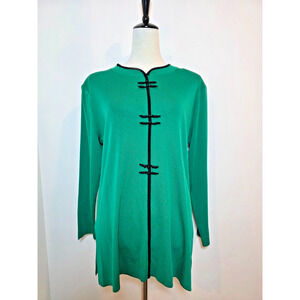 Misook Emerald Green Knit Asian Tunic Size L Toggle Mandarin Collar Travel
